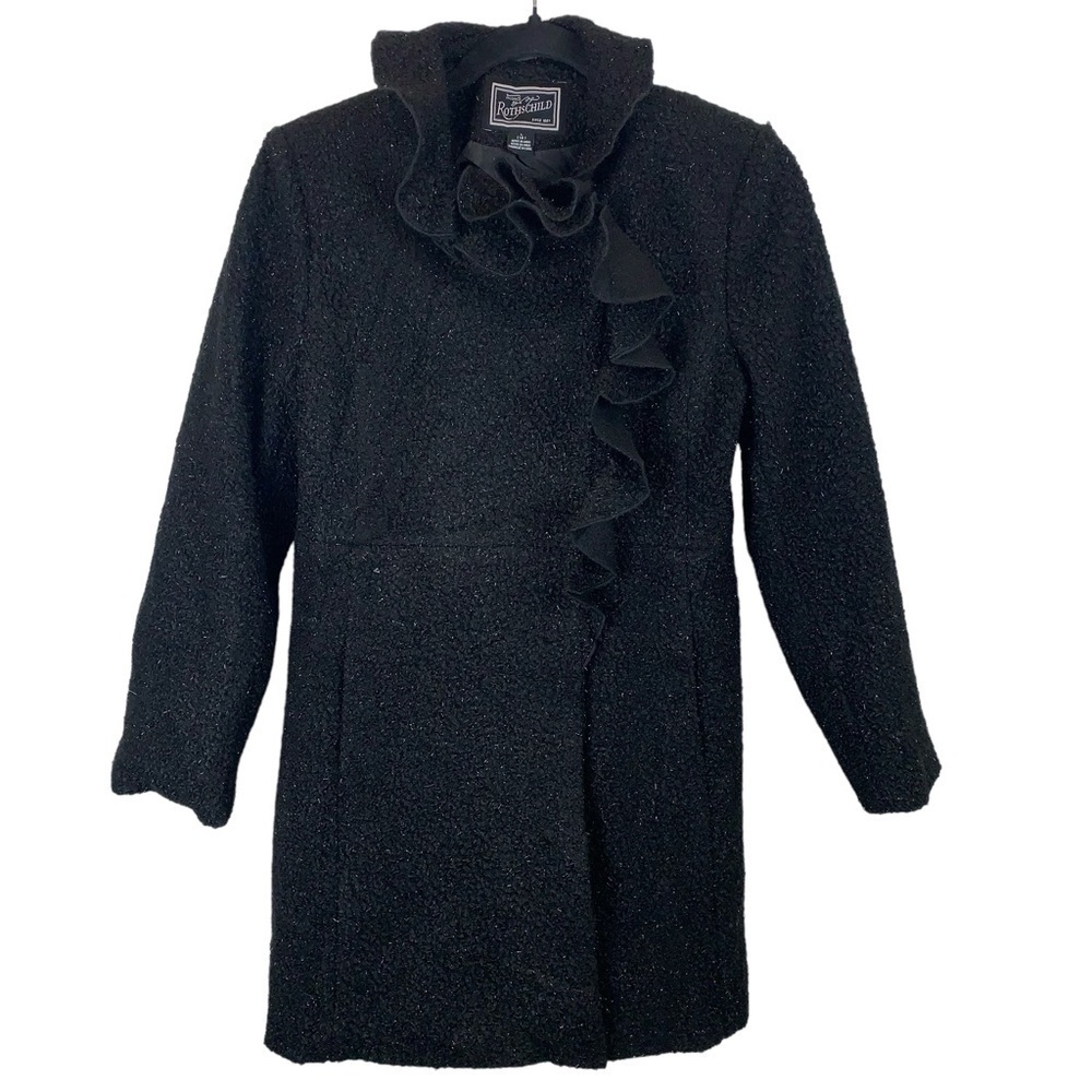 Rothschild Black Sparkly Faux Persian Lamb Ruffle Collar Girl's Coat sz 14